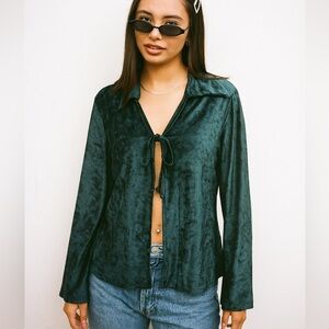 VTG Hipwear Crushed Velvet Tie Front Cardigan Sz M Dark Green Witchy Boho Y2K 90